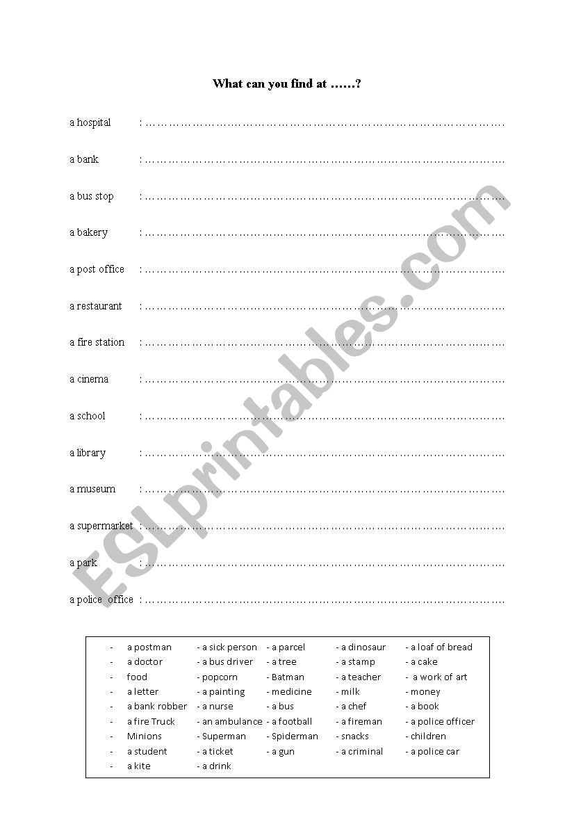 Places of town worksheet