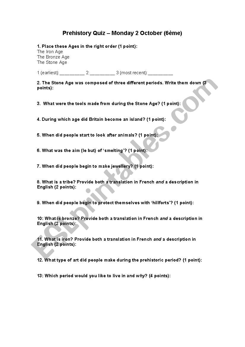 Prehistory Quiz  worksheet