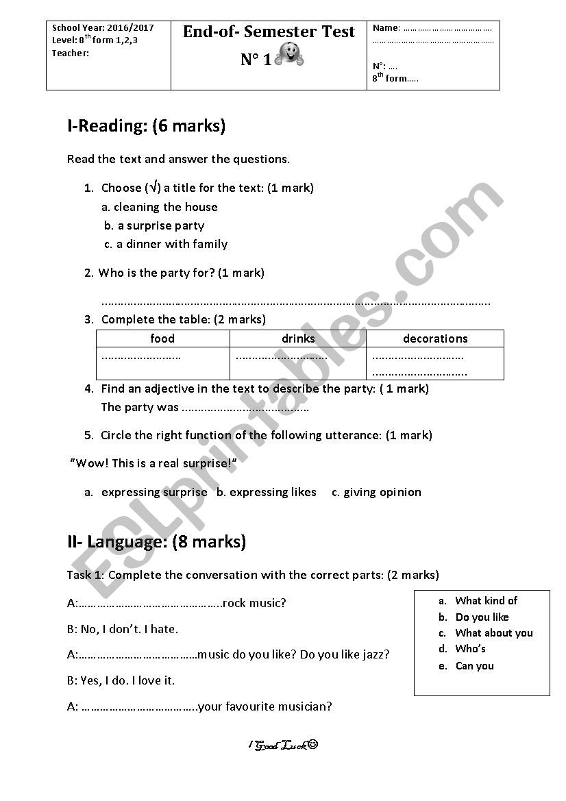 8th form test worksheet