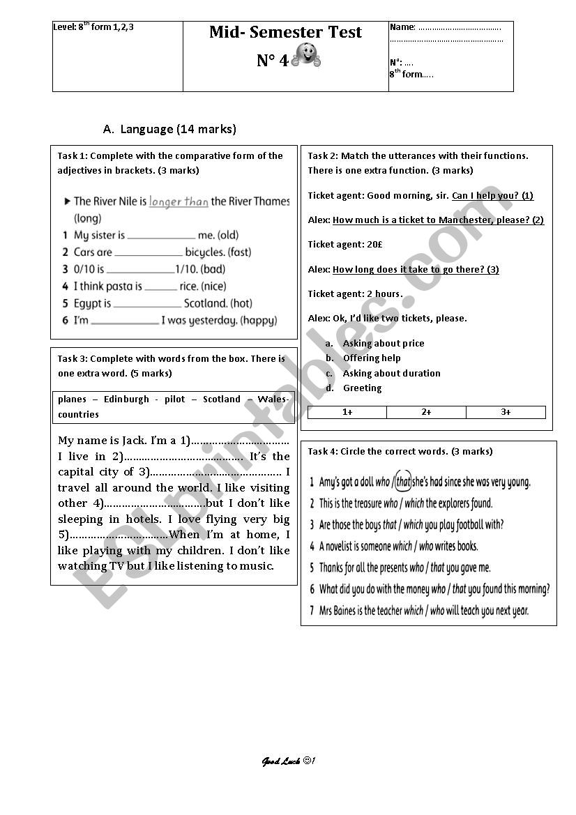 8th form Test worksheet