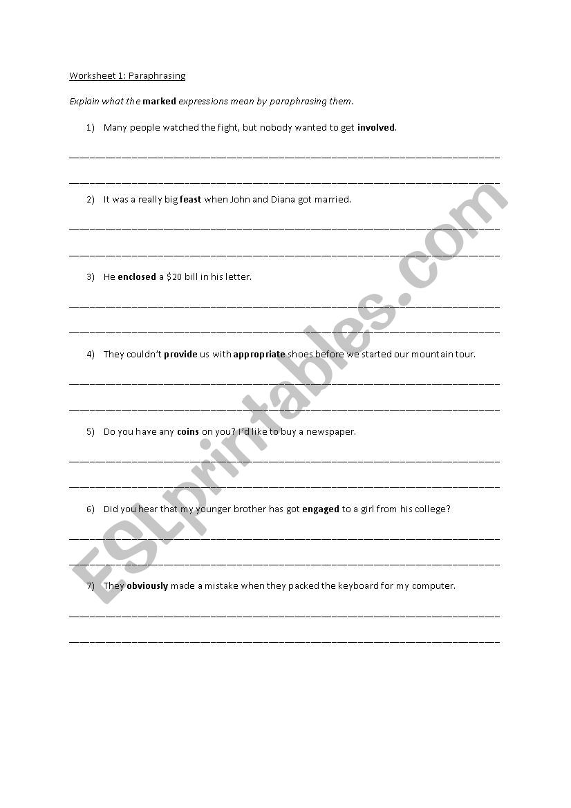 Paraphrasing worksheet