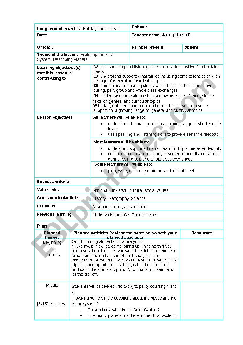 Planets Lesson plan worksheet