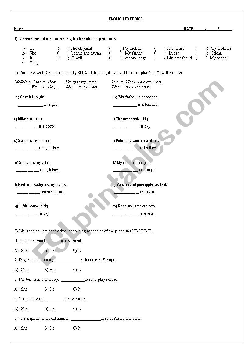 SUBJECT PRONOUNS EXERCISE worksheet