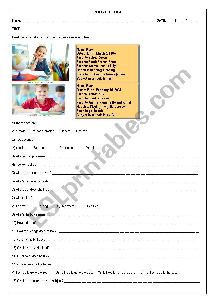 Personal Profile exercise worksheet