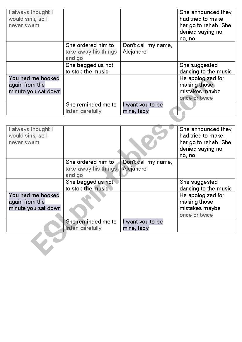 Reported songs game worksheet