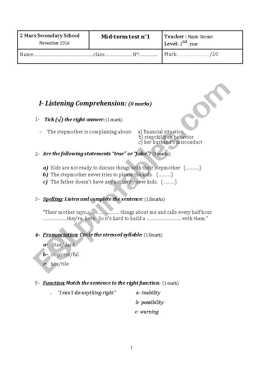 2nd year mid-term test  1 worksheet