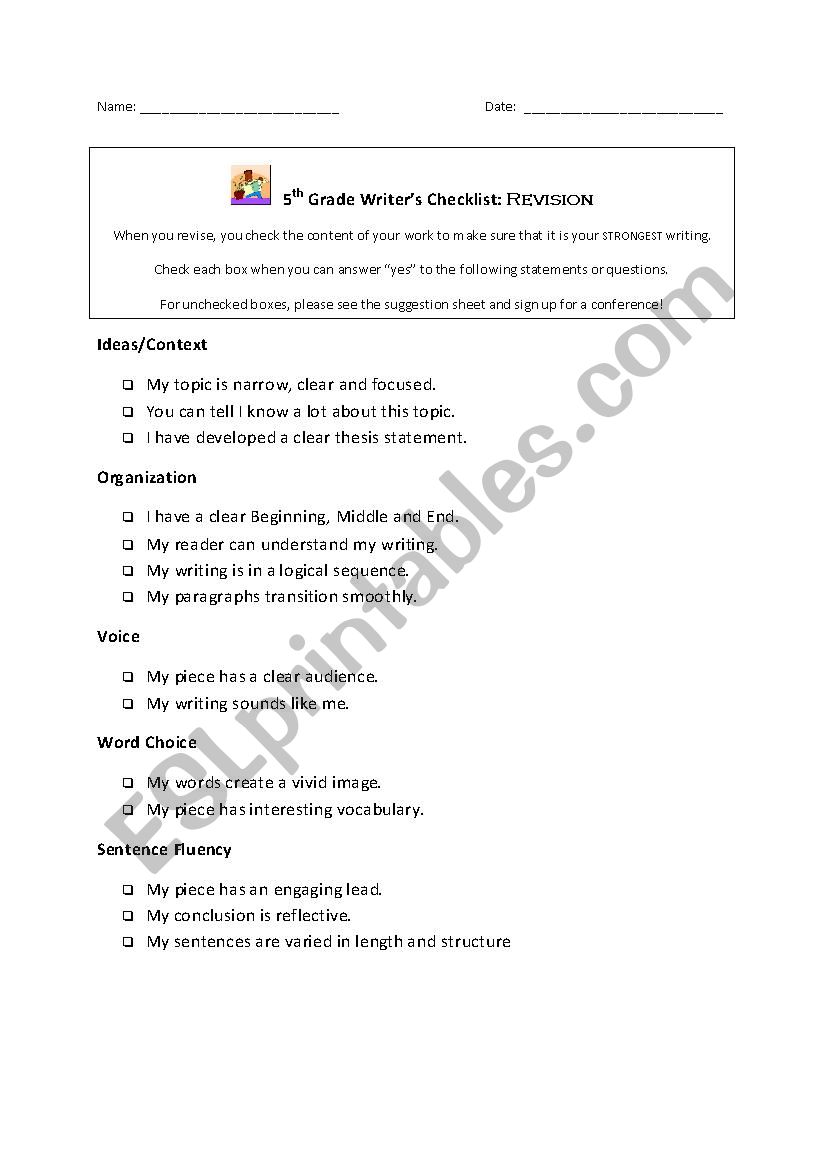 Writers Checklist worksheet