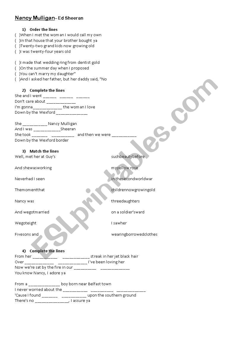 Nancy Mulligan by Ed Sheeran worksheet