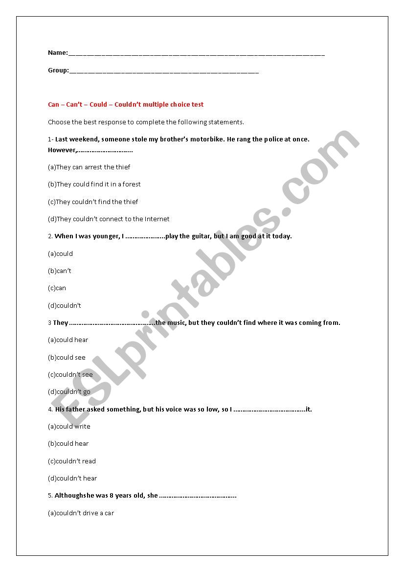 can-can´t-could-couldn´t worksheet