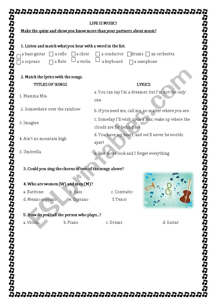 Life is music worksheet