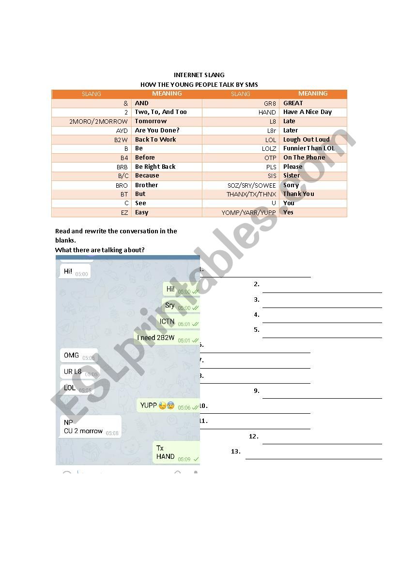 Internet Slangs activity  worksheet
