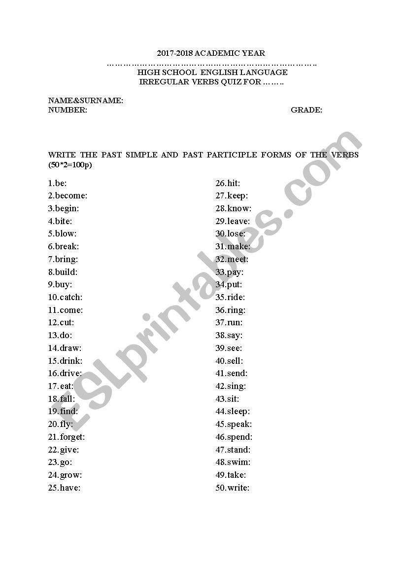 IRREGULAR VERBS QUIZ worksheet