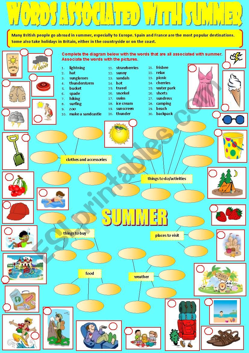 Words associated with summer. worksheet