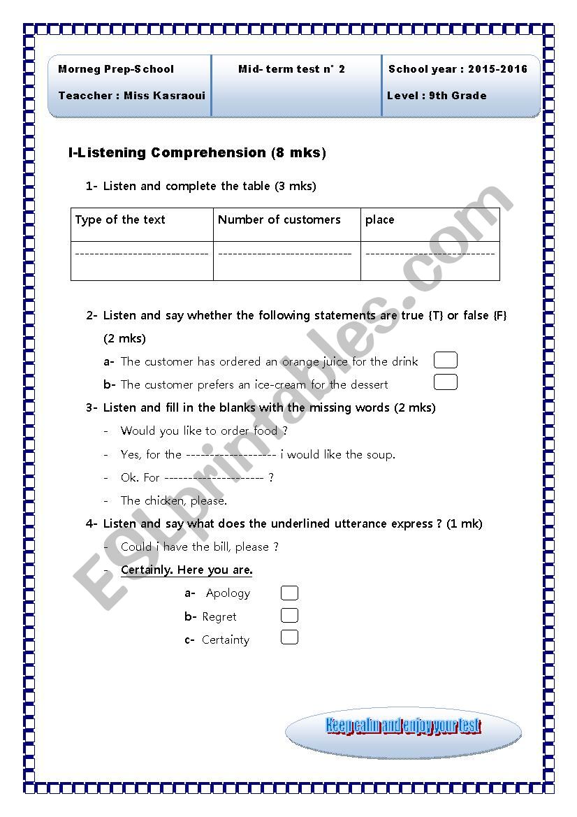 end of ter test worksheet