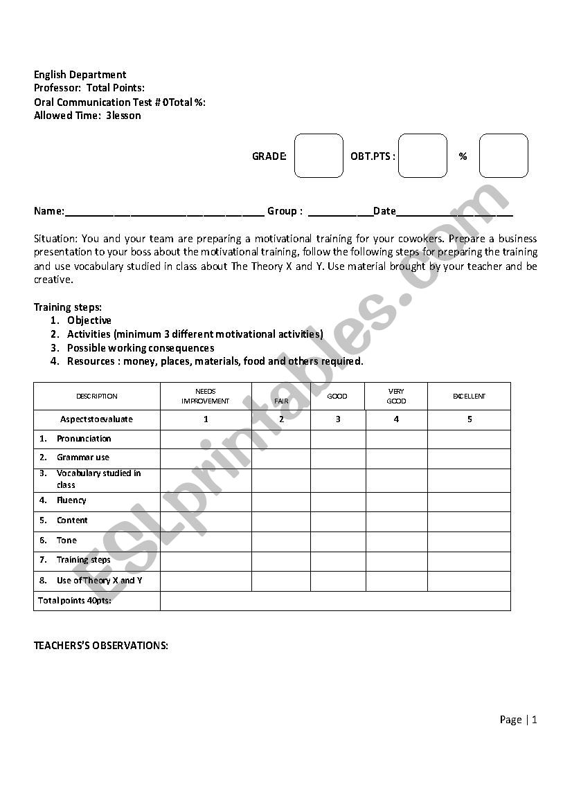 Oral Test Administration:  worksheet