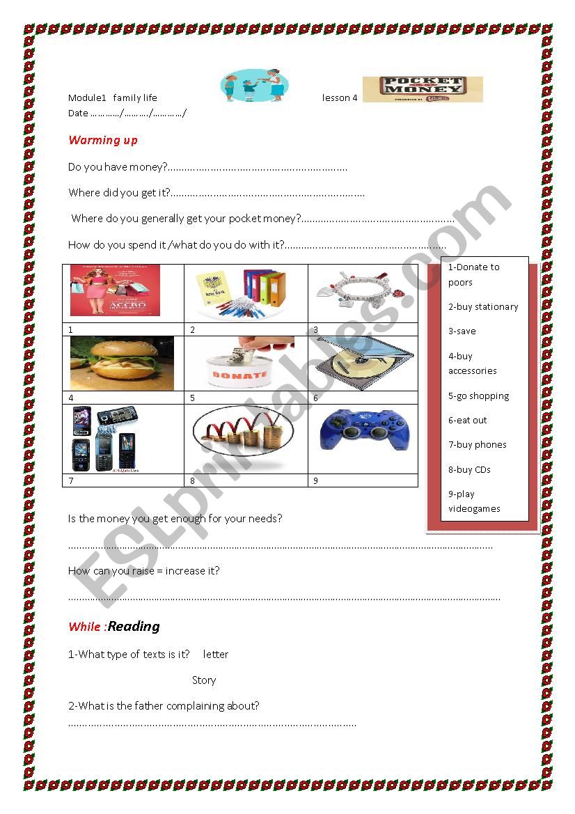 pocket money worksheet