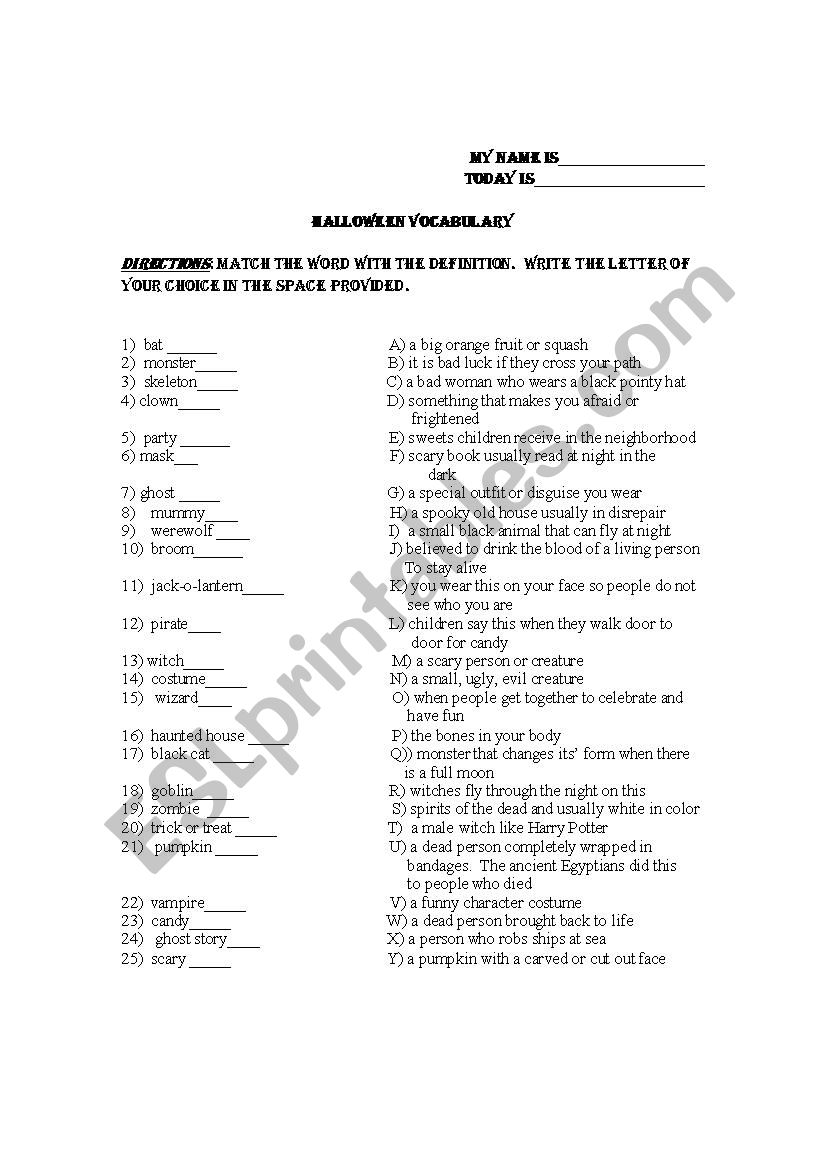 Spooky Halloween Vocabulary worksheet