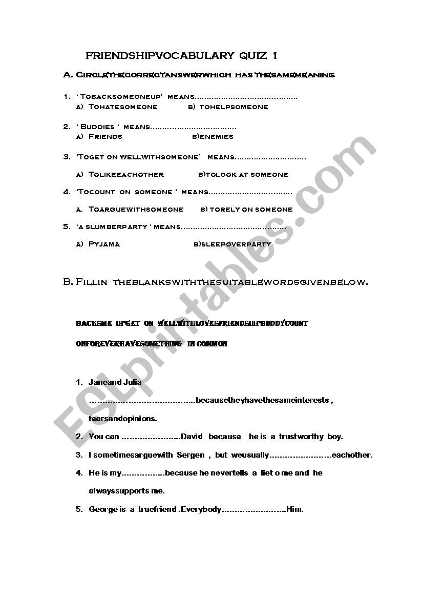 vocabulary quiz worksheet