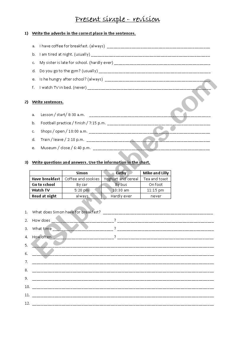 Present simple revision worksheet