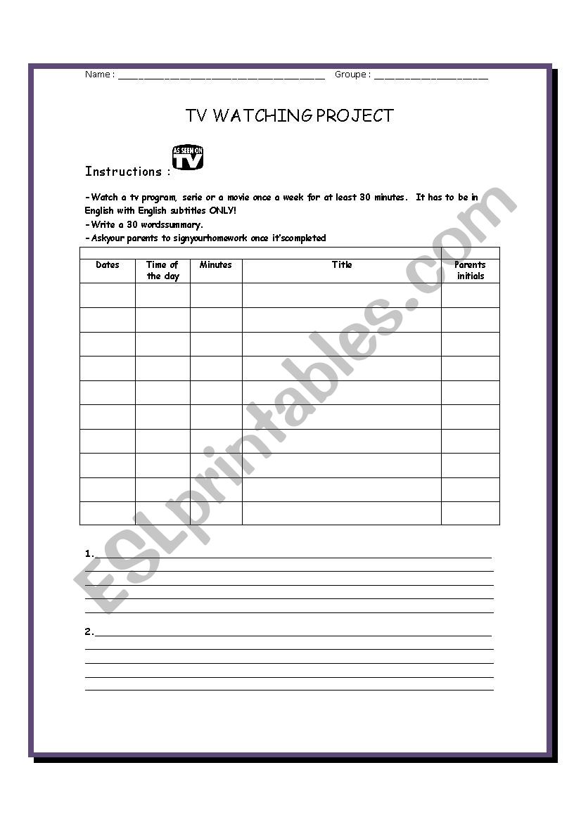 TV WATCHING PROJECT worksheet