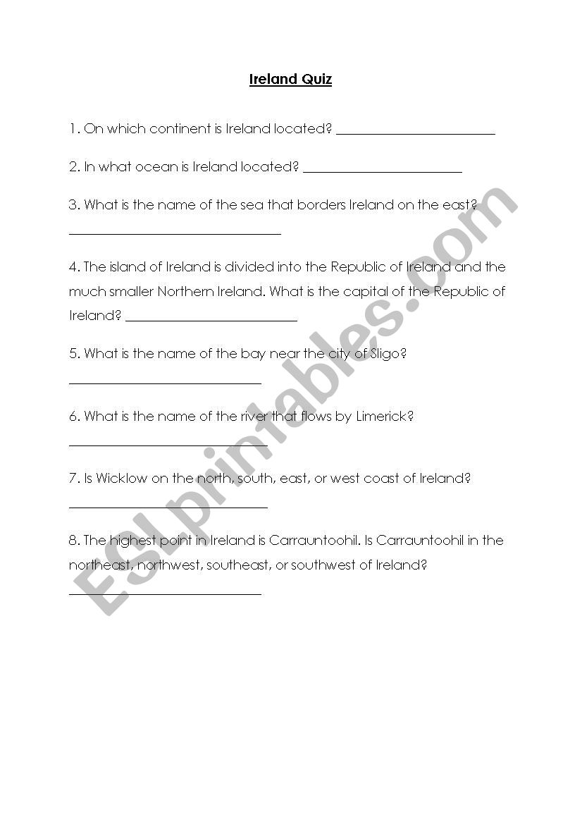 Ireland quiz worksheet