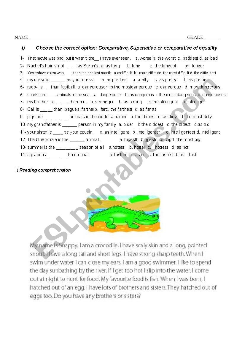 comparison multiple choice test and reading comprehension 