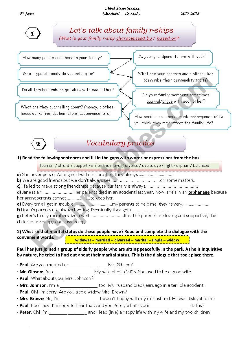 family relationships worksheet