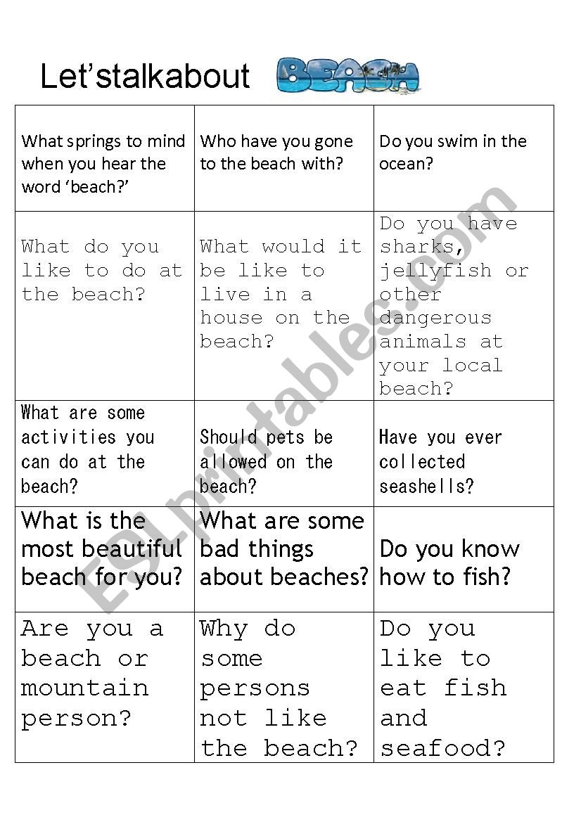 Beach conversation questions worksheet