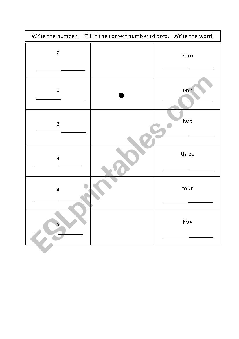 Number --Dots-- Word  0 to 5 worksheet