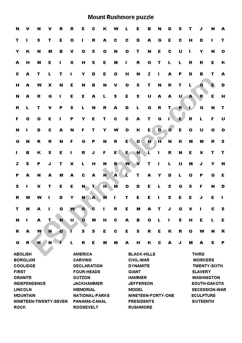 mount Rushmore wordsearch worksheet