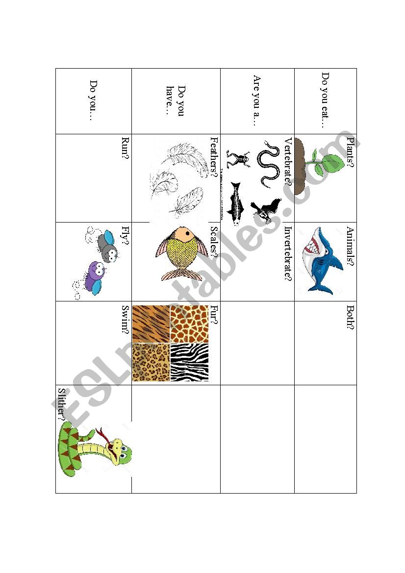 Animal table worksheet