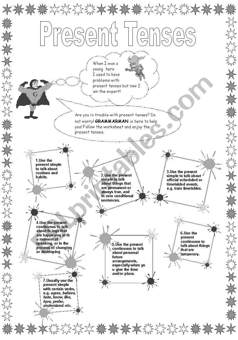 GRAMMARMAN explains present tenses(simple and cont.) B&W