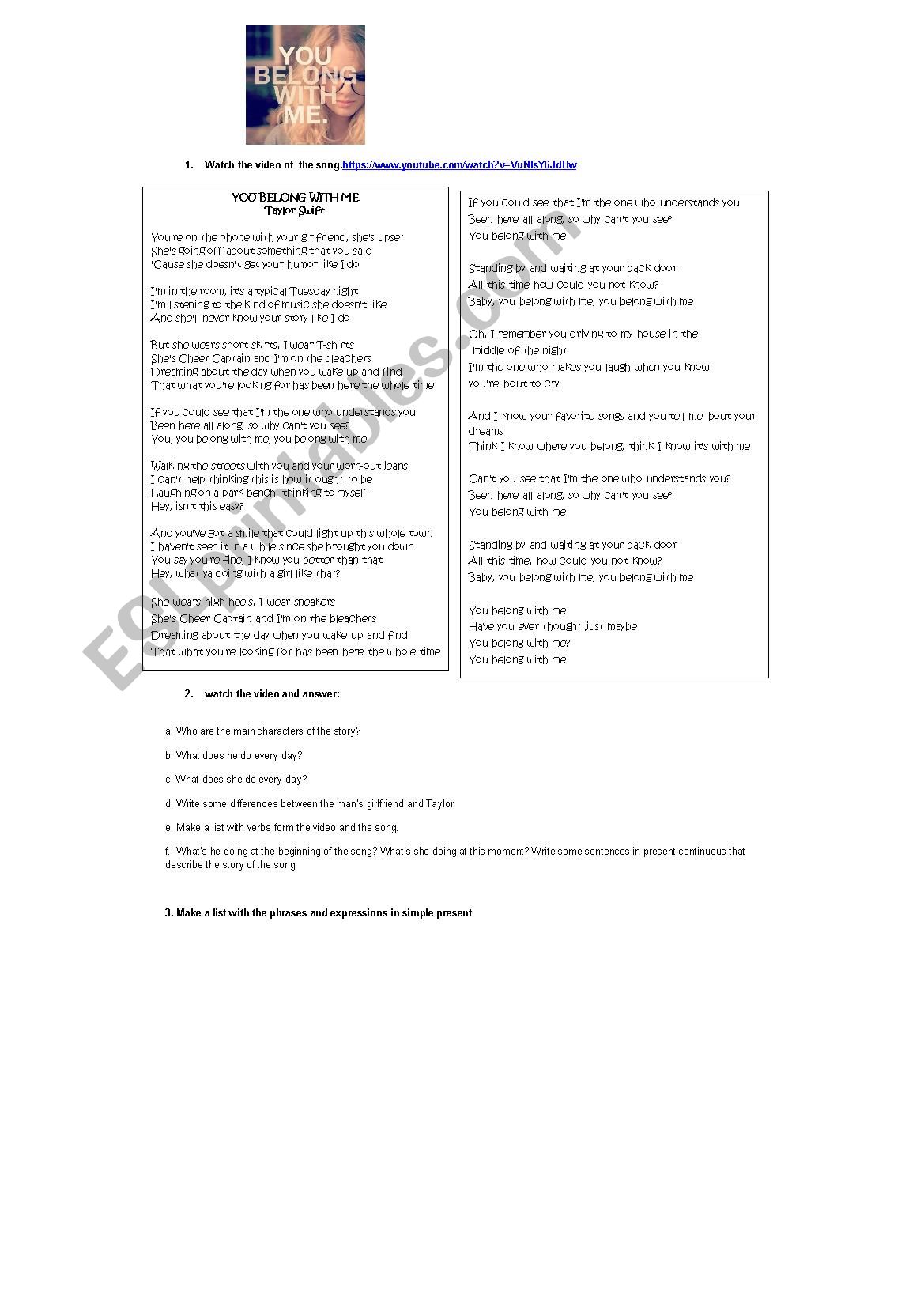 You belong with me song worksheet