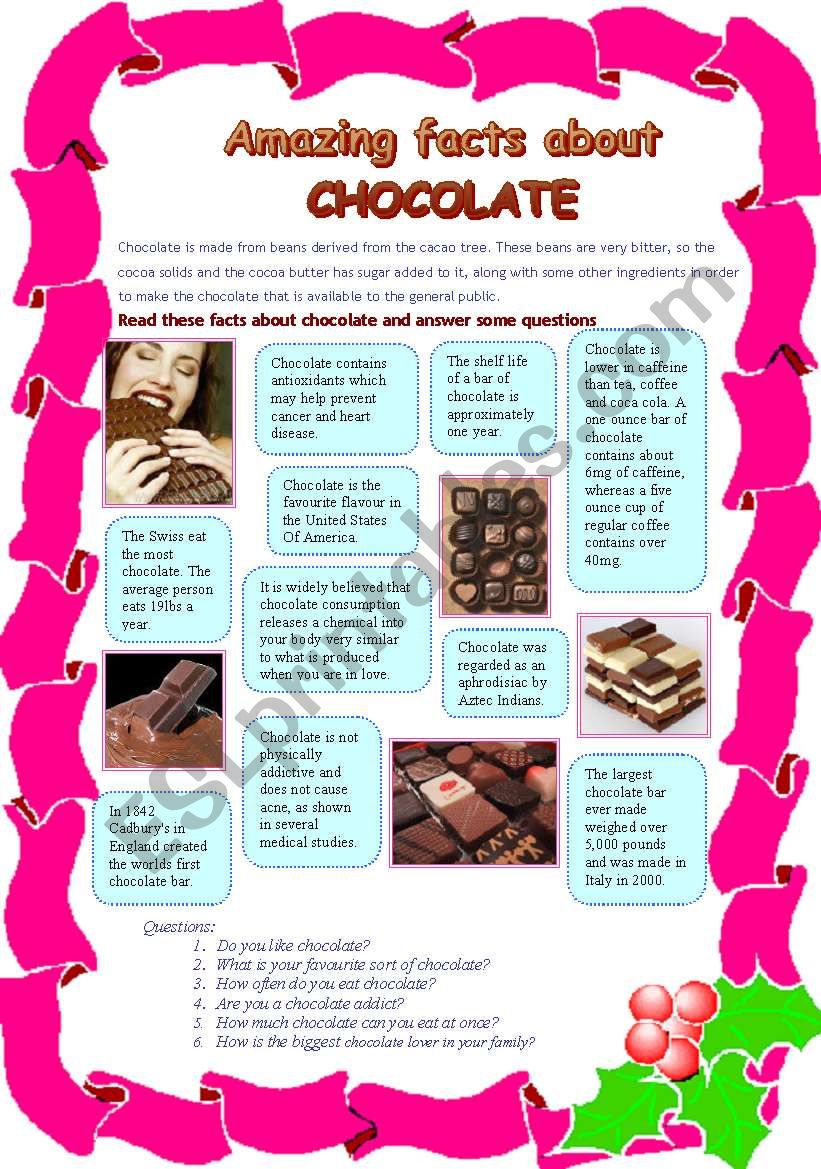 Amazing facts about chocolate worksheet