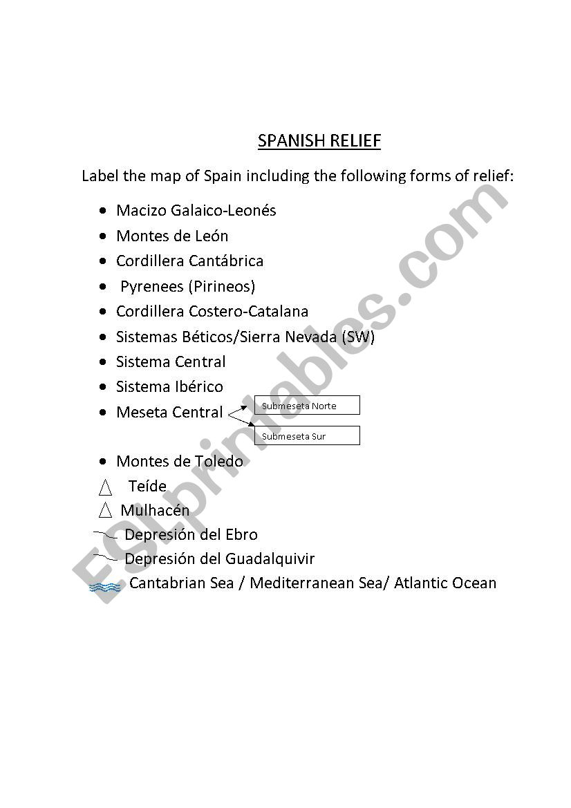 Spain Relief worksheet