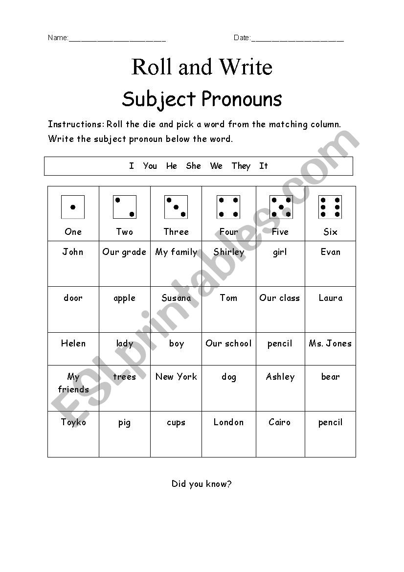 Roll and Write Subject Pronouns