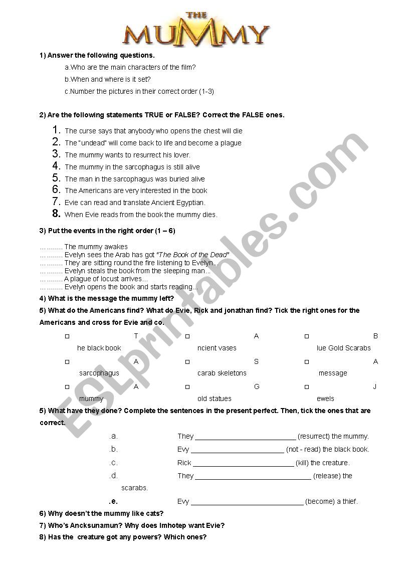 THE MUMMY(1999) - MOVIE WORKSHEET