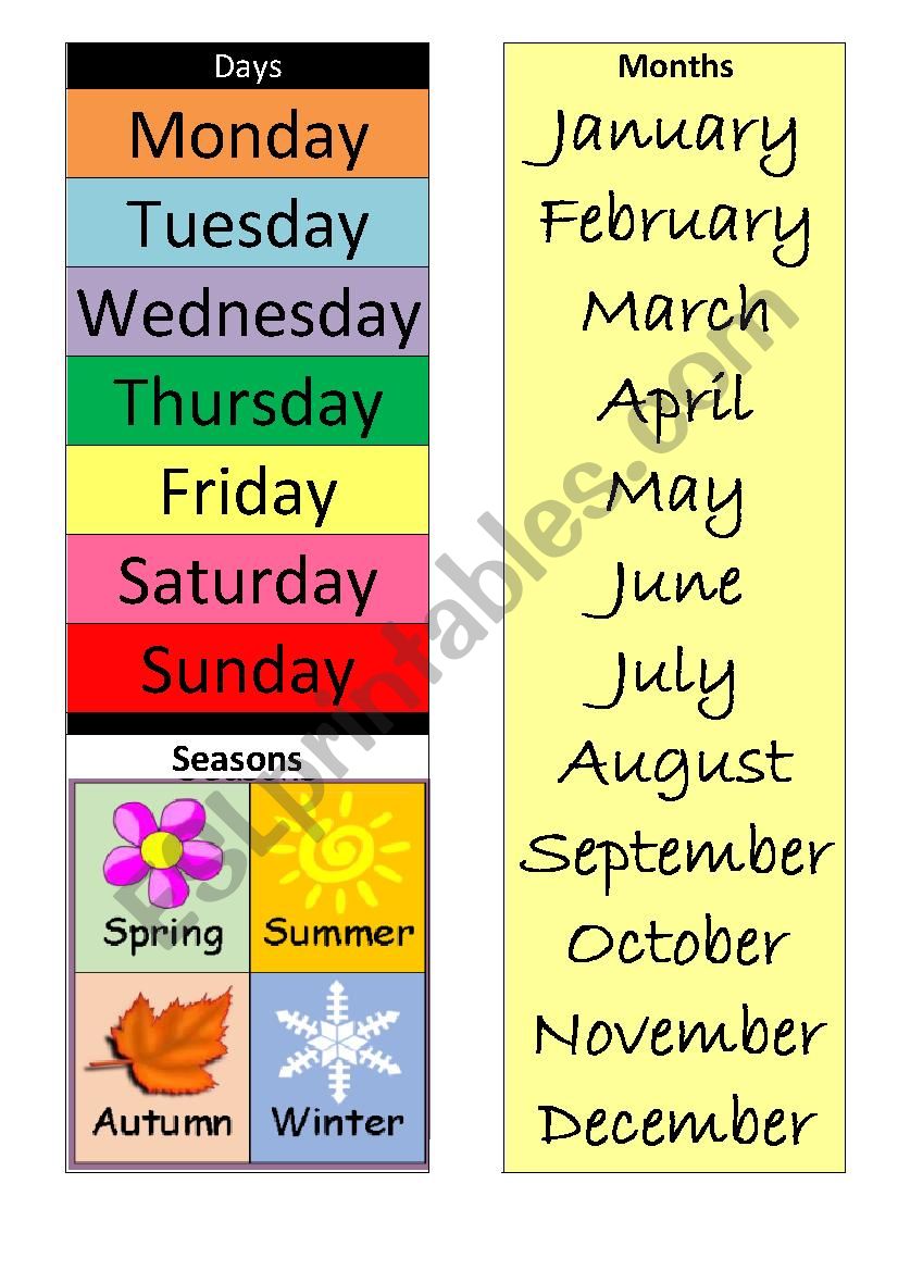 months, days and seasons poster for the classroom