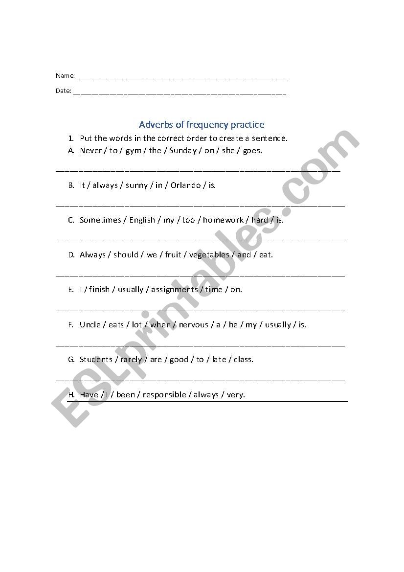 Adverbs of Frequency worksheet