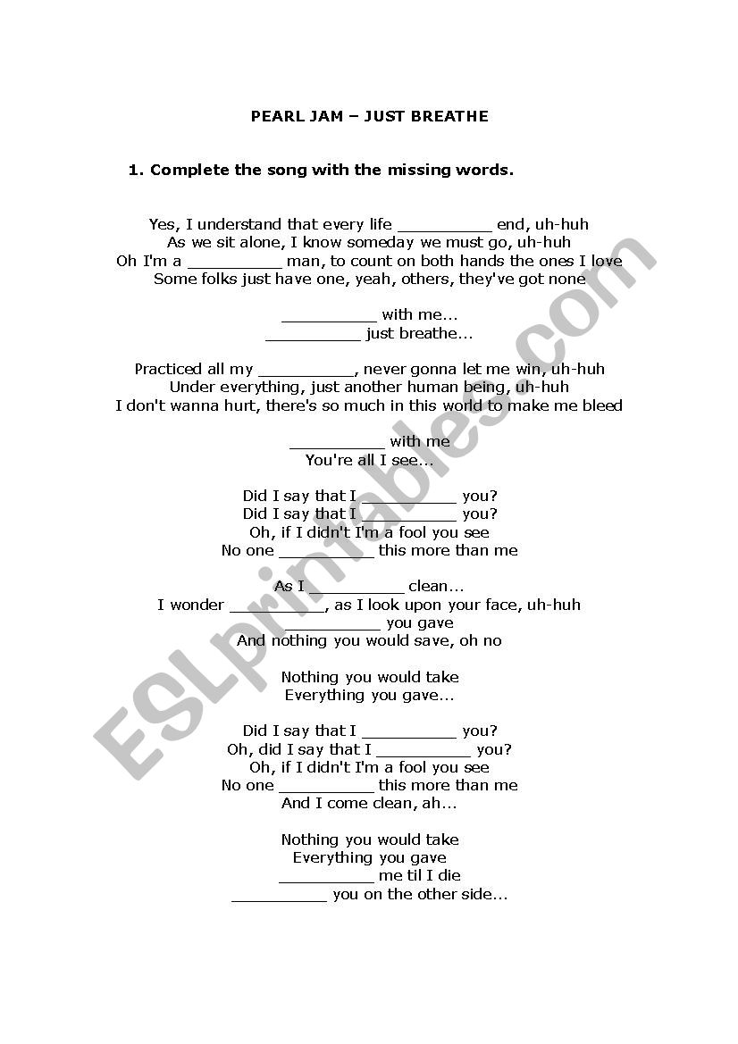 Just breathe by Pearl Jam worksheet