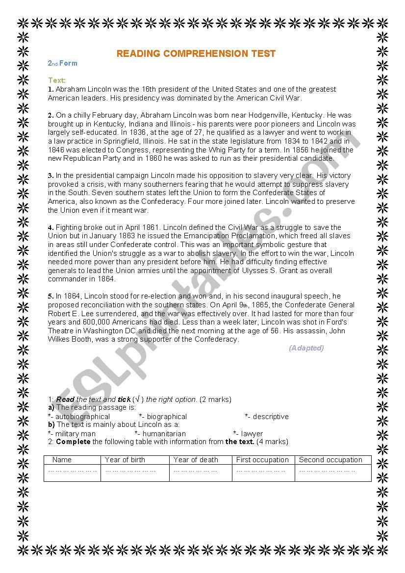 reading comprehension test worksheet