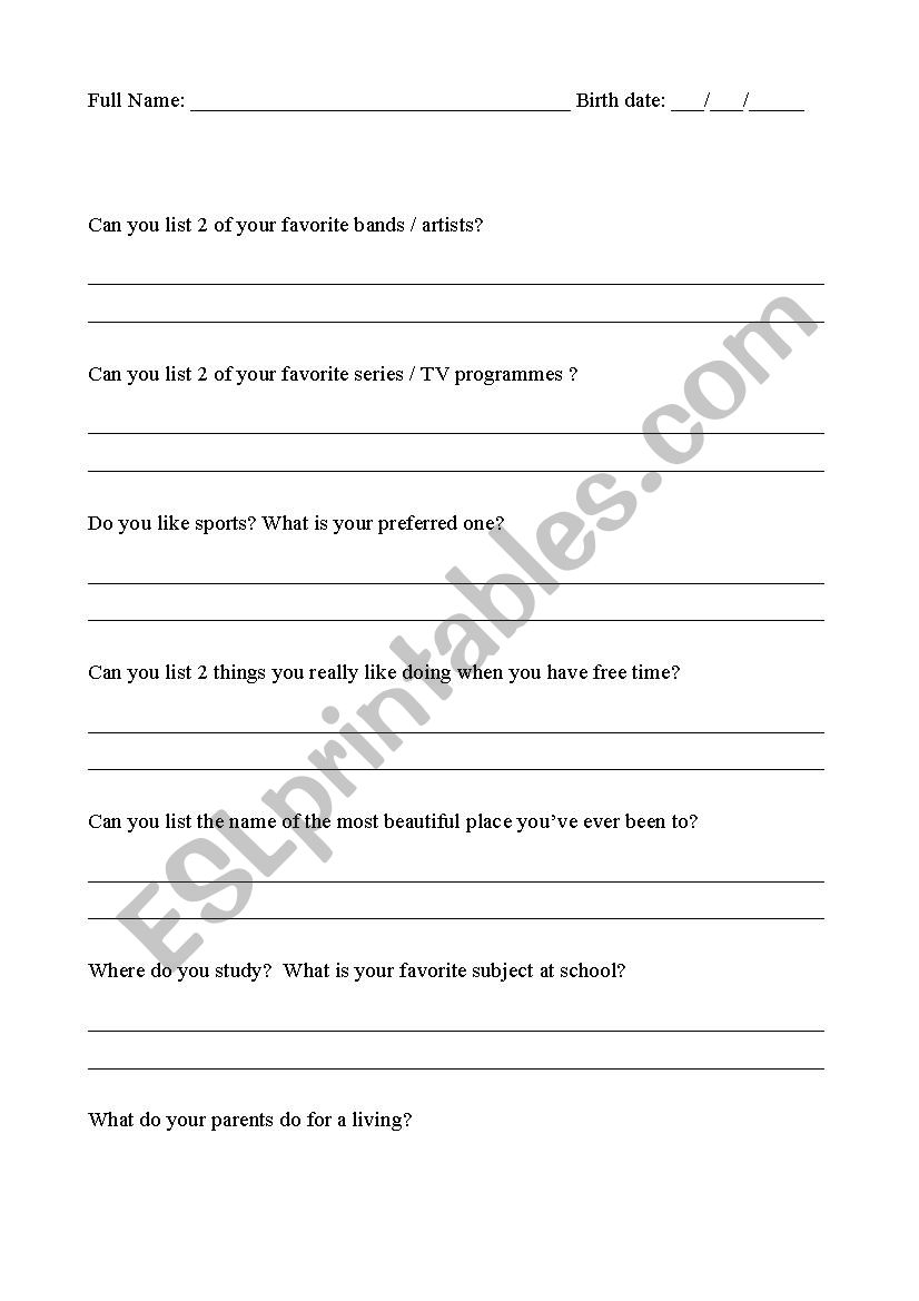Know your students worksheet
