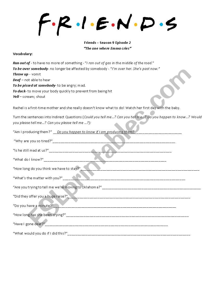 Friends - Indirect Questions worksheet
