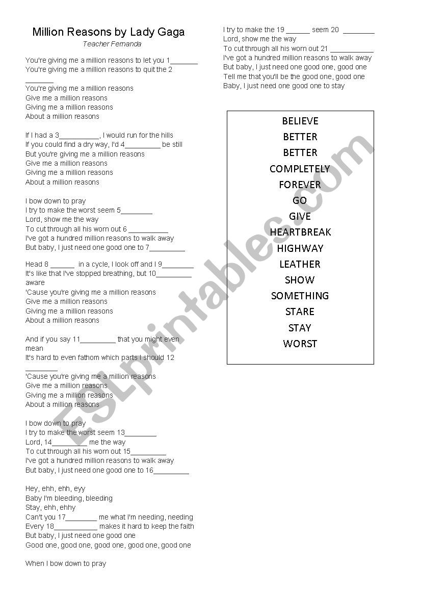 Million Reasons - Lady Gaga worksheet