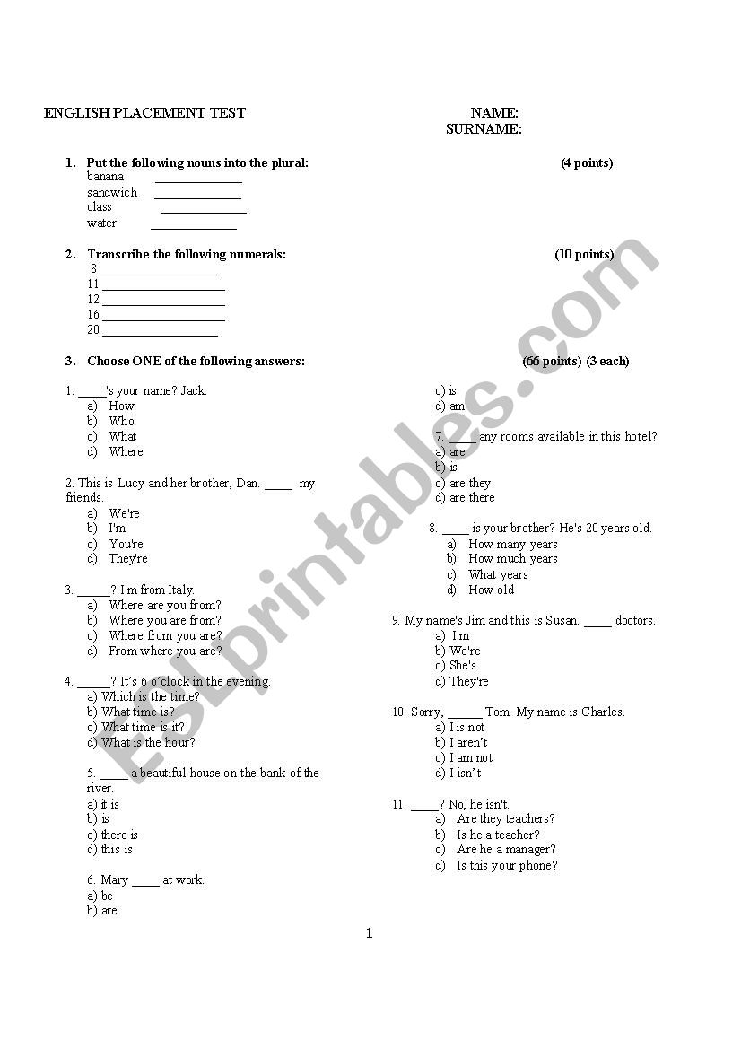 Placement test (Beginner-Elementary)