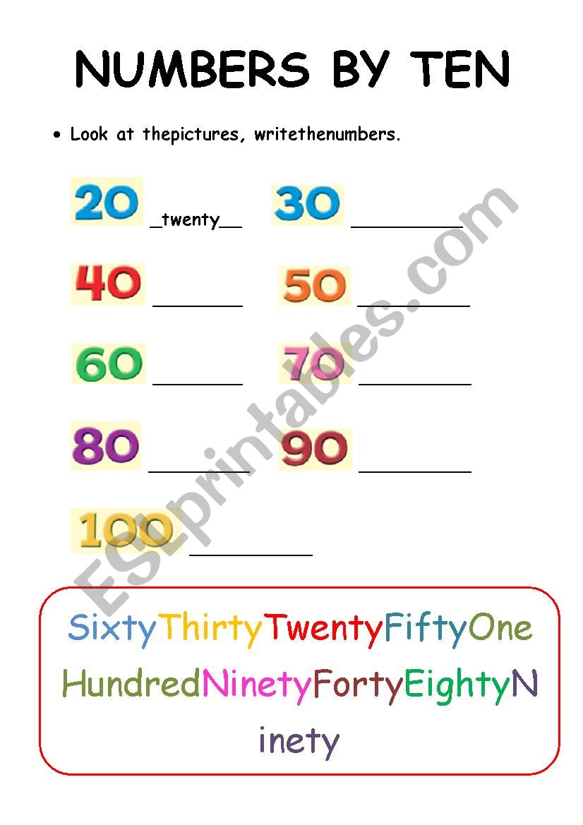 Numbers by ten worksheet worksheet