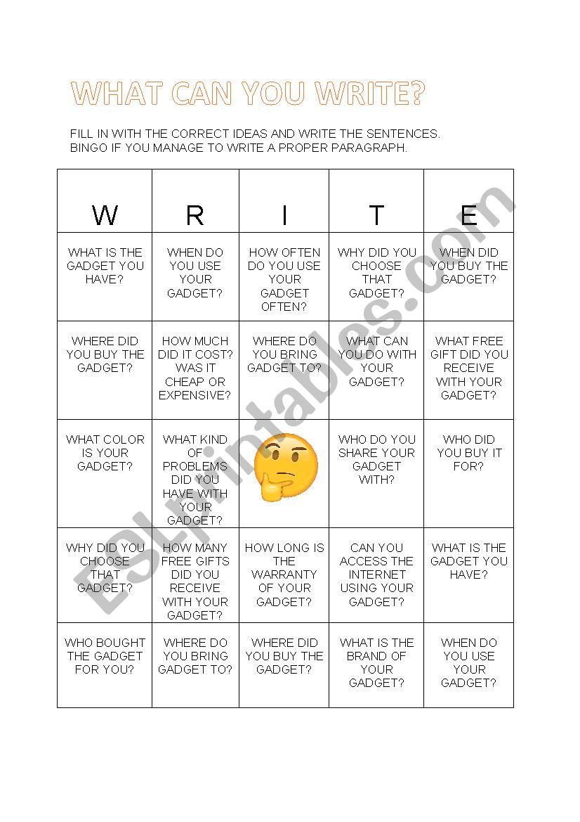Bingo Write worksheet