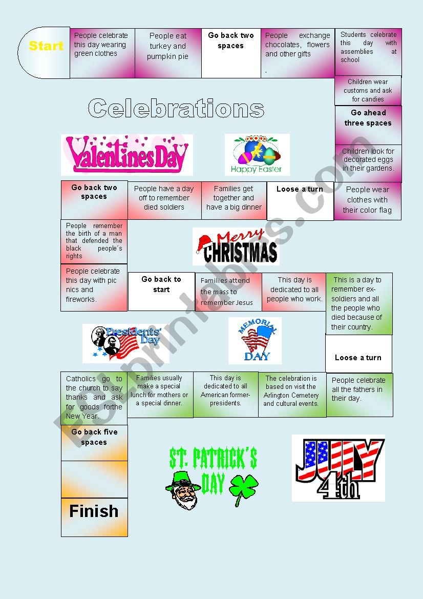 Boardgame American Holidays worksheet