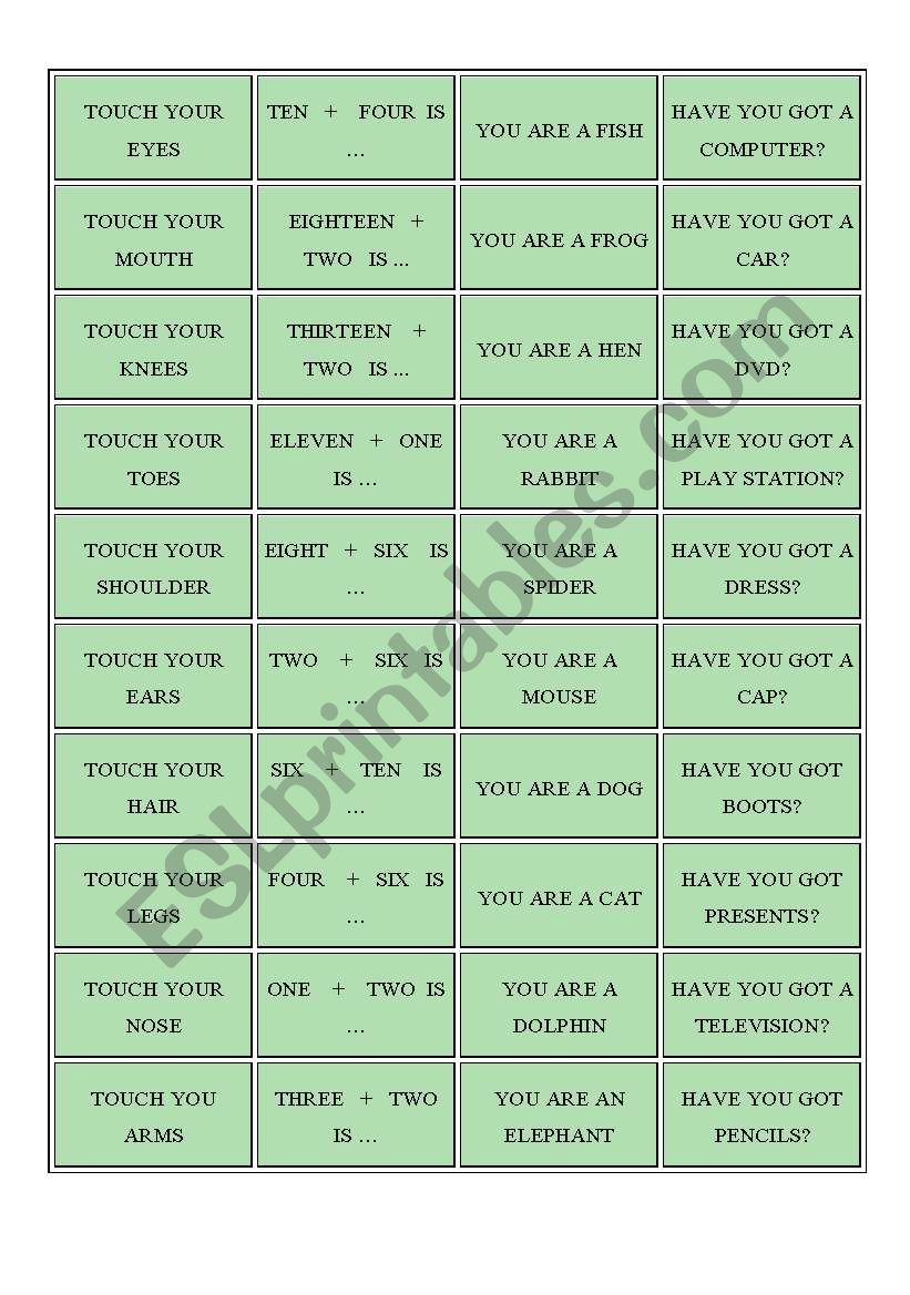 Speaking game worksheet