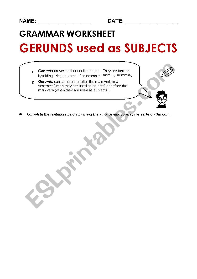 Gerunds used as subjective worksheet
